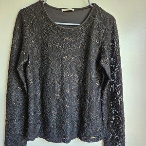 Calvin Klein Black Elegant Long Sleeve Sequin Blouse Top Size Small